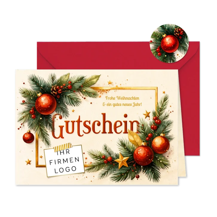 Weihnachtsgutschein mit Logo Tannenzweige und Ornamente