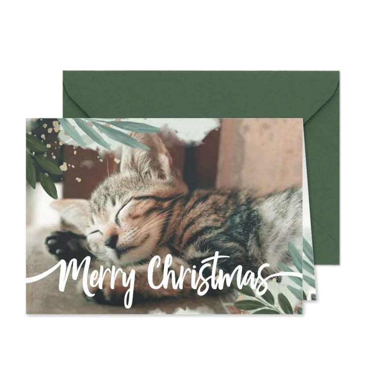 Weihnachtskarte Aquarellblätter und großes Foto