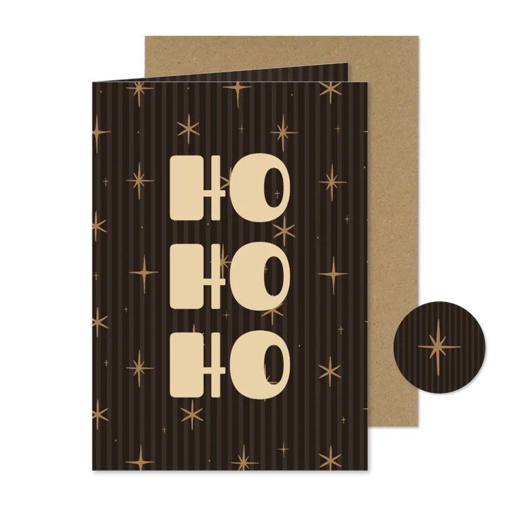 Weihnachtskarte braun-gestreift Ho Ho Ho strahlende Sterne
