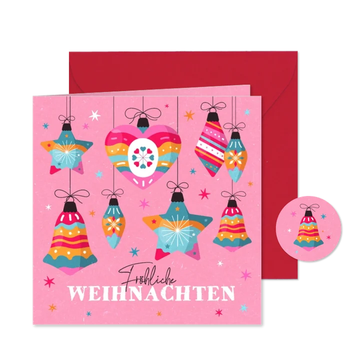Weihnachtskarte bunte Kugeln auf Pink