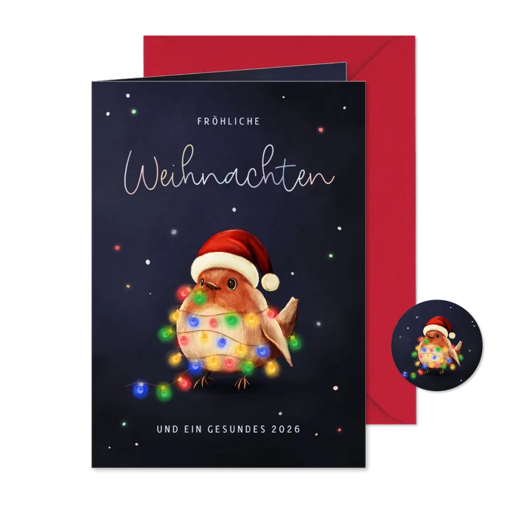 Weihnachtskarte bunte Lichterkette Rotkehlchen mit Mütze