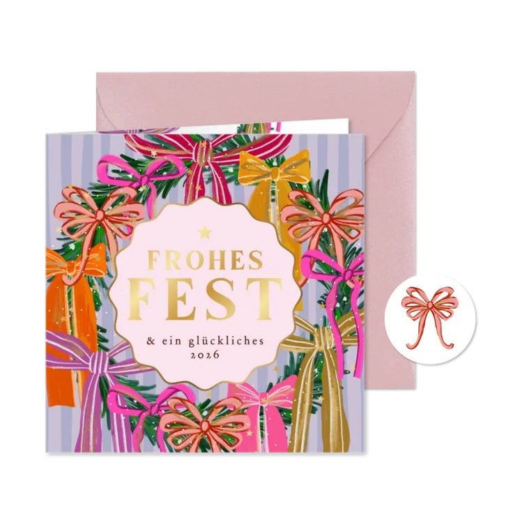 Weihnachtskarte bunter Kranz mit Schleifen