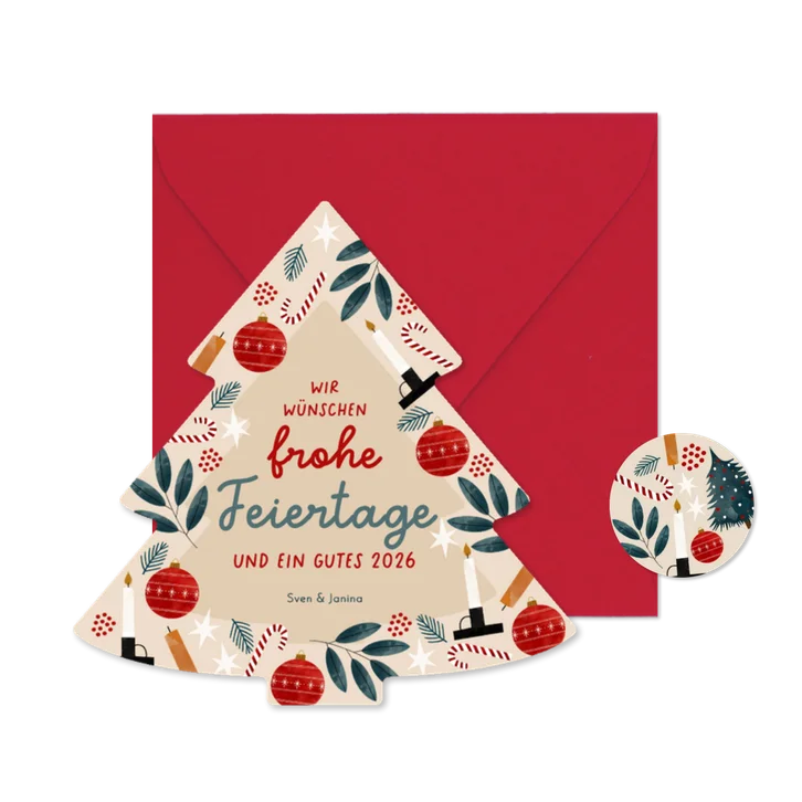 Weihnachtskarte Christbaum-Form mit Kerzen und Kugeln