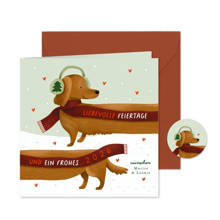 Weihnachtskarte Dackel im Schnee