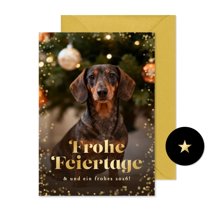 Weihnachtskarte Dackelfoto Goldrand 'Frohe Feiertage'