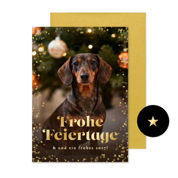 Weihnachtskarte Dackelfoto Goldrand 'Frohe Feiertage'