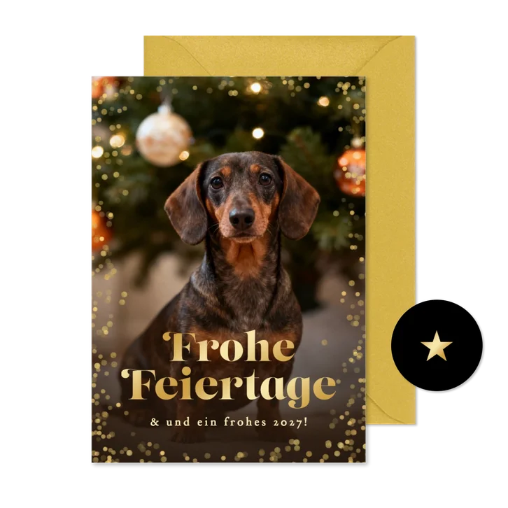 Weihnachtskarte Dackelfoto Goldrand 'Frohe Feiertage'