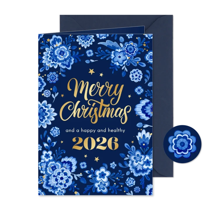 Weihnachtskarte Delfter Blau geschäftlich 2026 Blumen