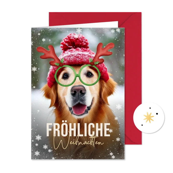 Weihnachtskarte eigenes Haustier Hund mit Weihnachtsbrille