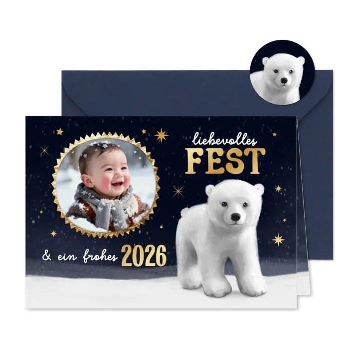 Weihnachtskarte Eisbär im Schnee Foto Sterne Nachthimmel