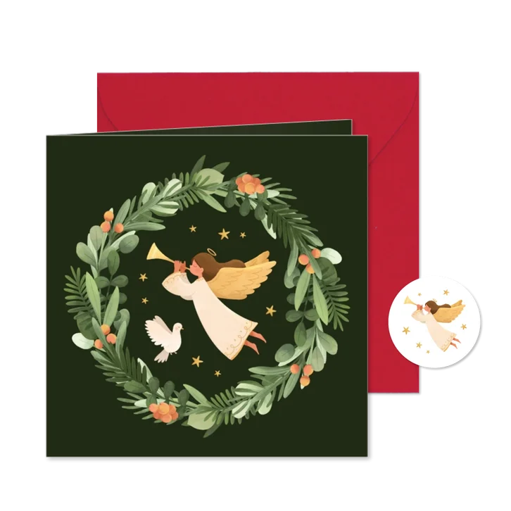 Weihnachtskarte Engel in Blätterkranz