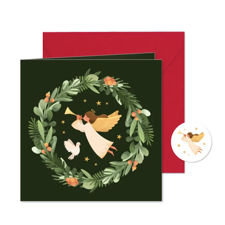 Weihnachtskarte Engel in Blätterkranz