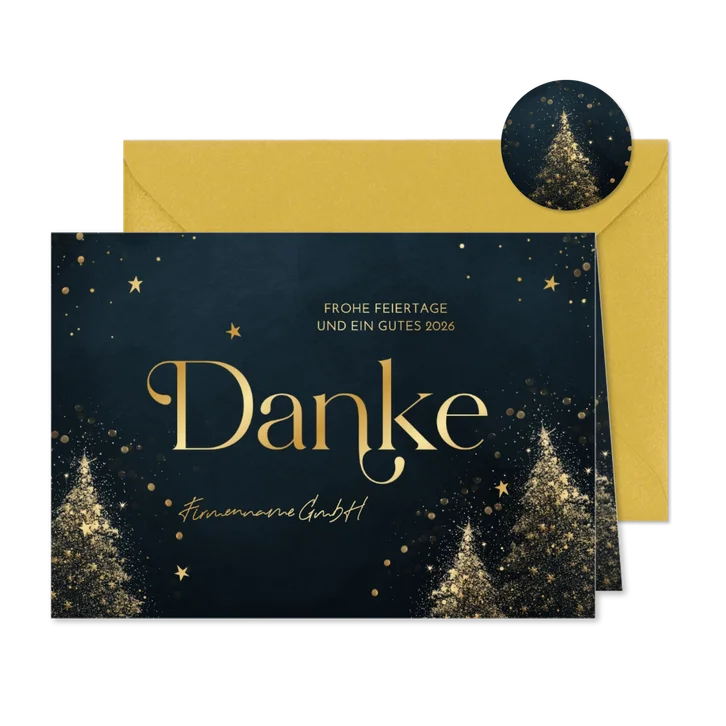 Weihnachtskarte Firma 'Danke' goldene Weihnachtsbäume