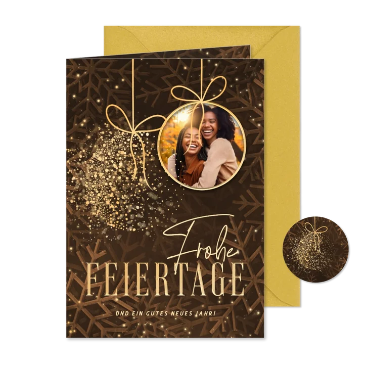 Weihnachtskarte Foto in Weihnachtskugel Goldstaub