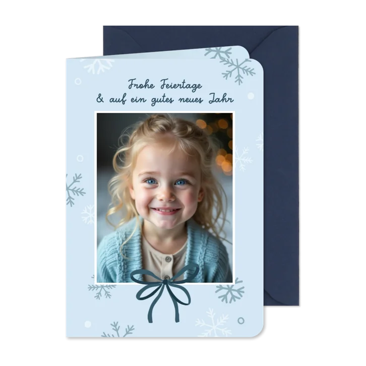Weihnachtskarte Foto Schleife Blau Schneeflocken