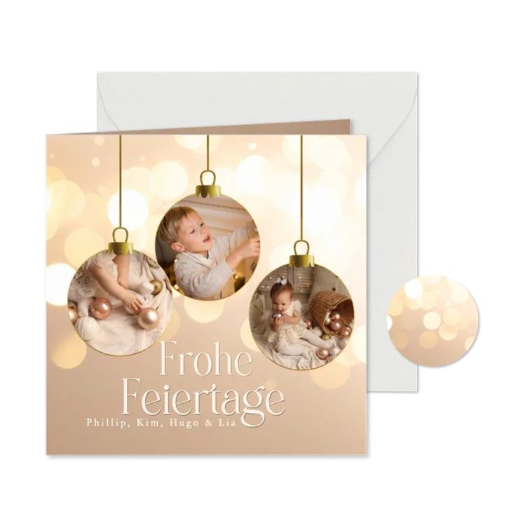Weihnachtskarte Fotocollage in Weihnachtskugeln Lichteffekt