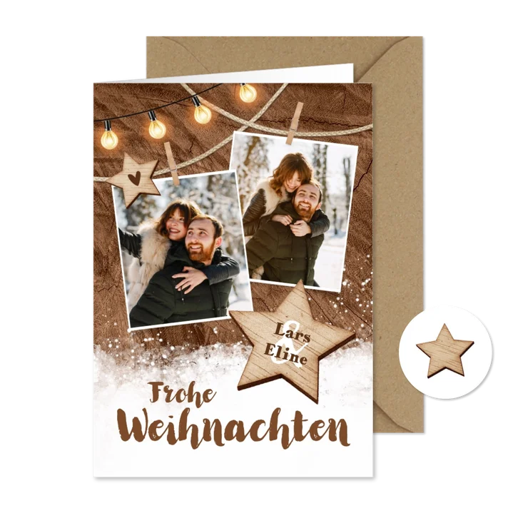 Weihnachtskarte Fotocollage Lichterkette Holzstern