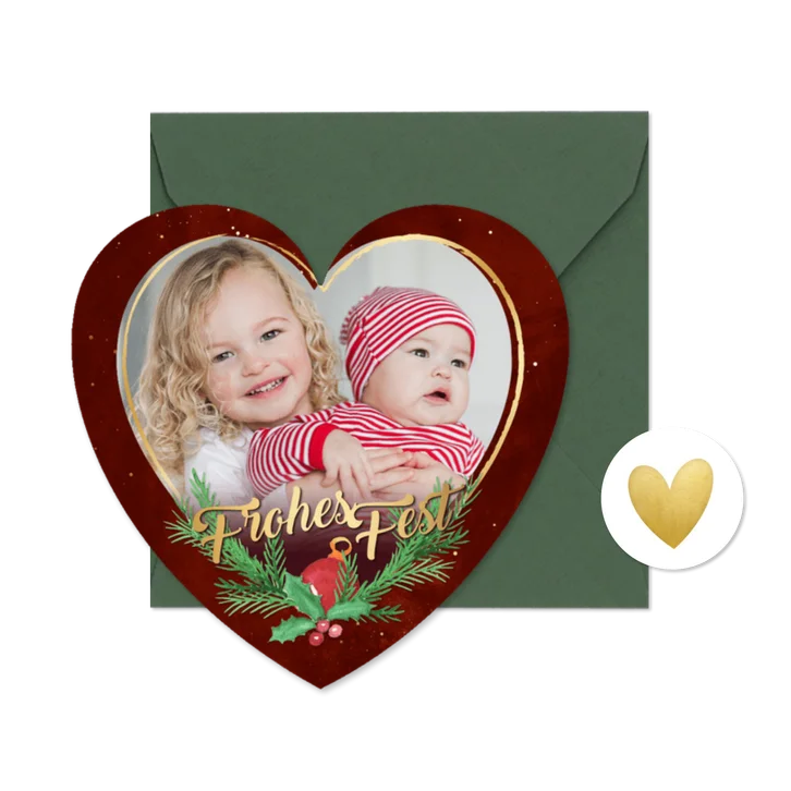 Weihnachtskarte Fotoherz mit Weihnachtsgesteck
