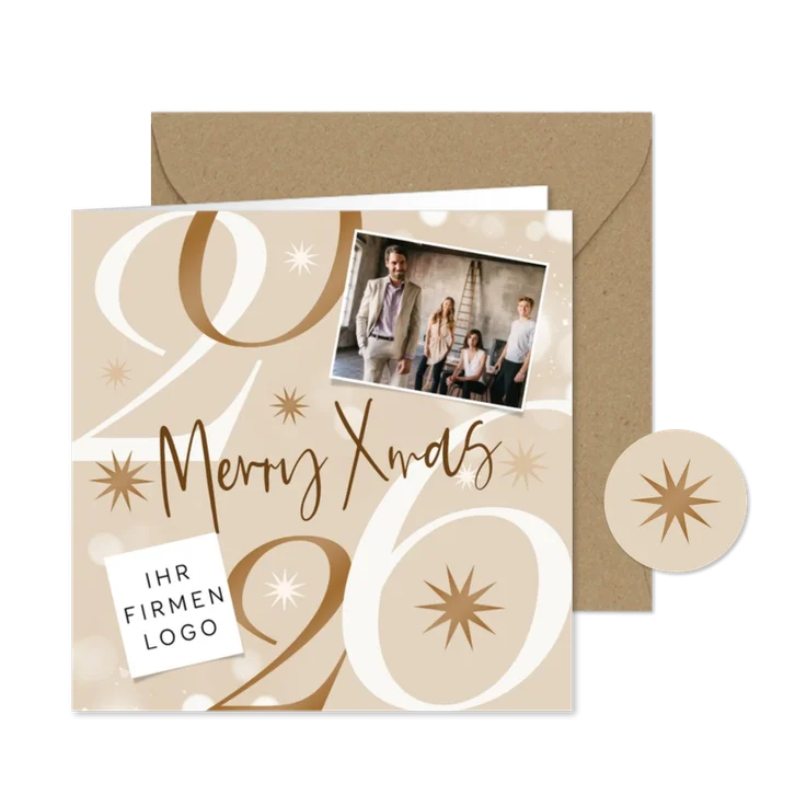 Weihnachtskarte Fotokarte 2026 mit Logo Sterne