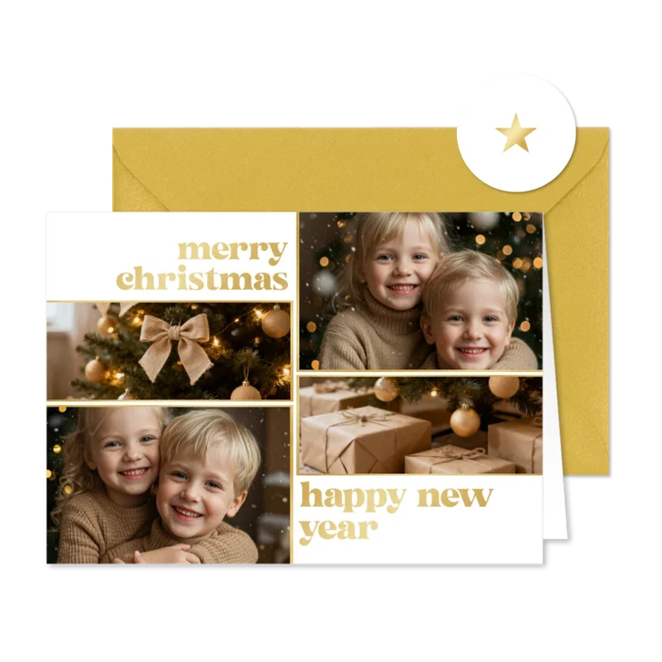 Weihnachtskarte Fotokollage schlicht weiß gold