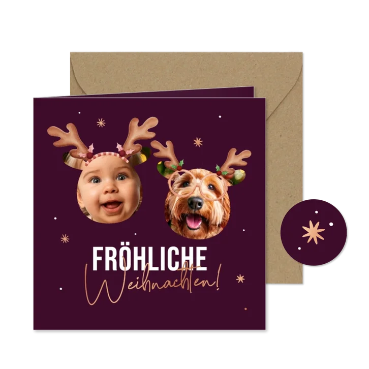 Weihnachtskarte Fotos lustige Gesichter Rentiergeweih