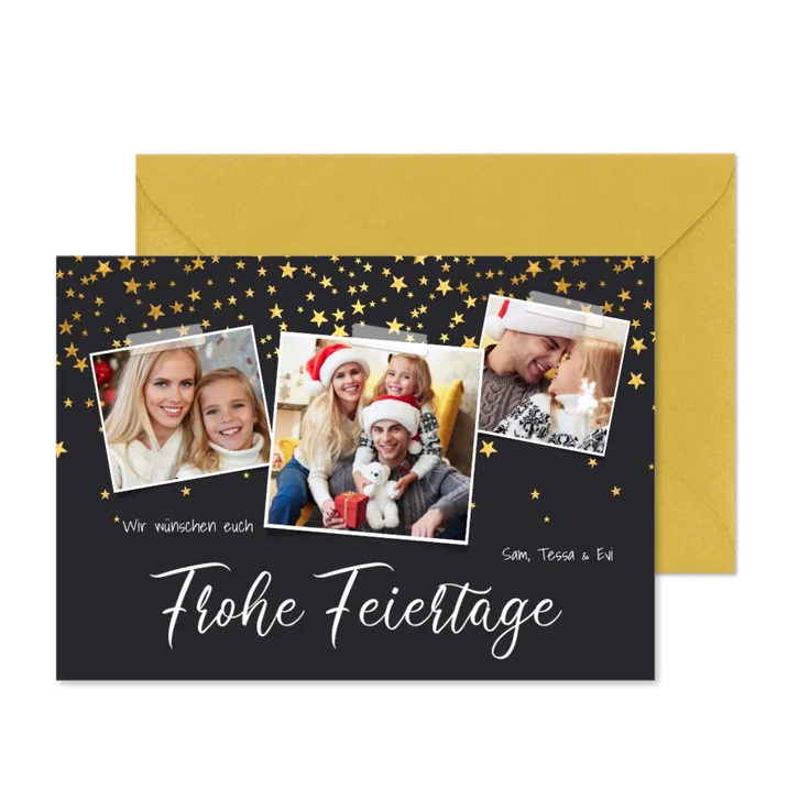 Weihnachtskarte 'Frohe Feiertage' 3 Fotos und Sterne