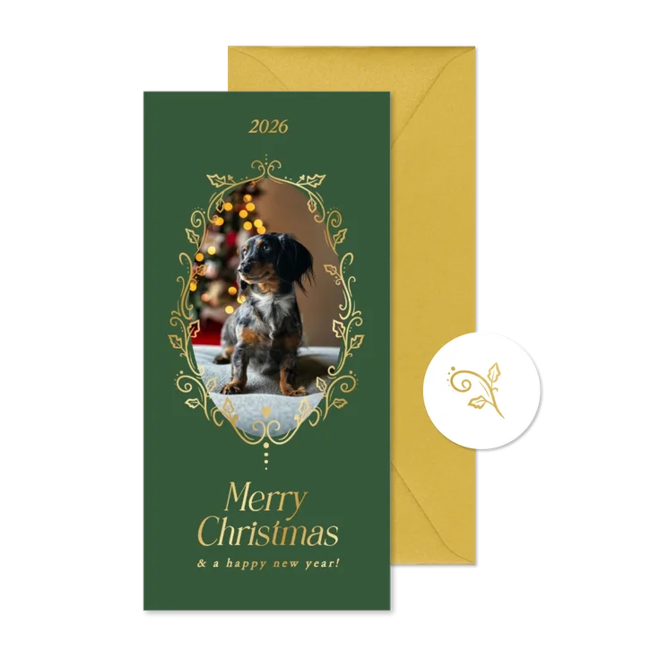 Weihnachtskarte goldener Fotorahmen dunkelgrün 