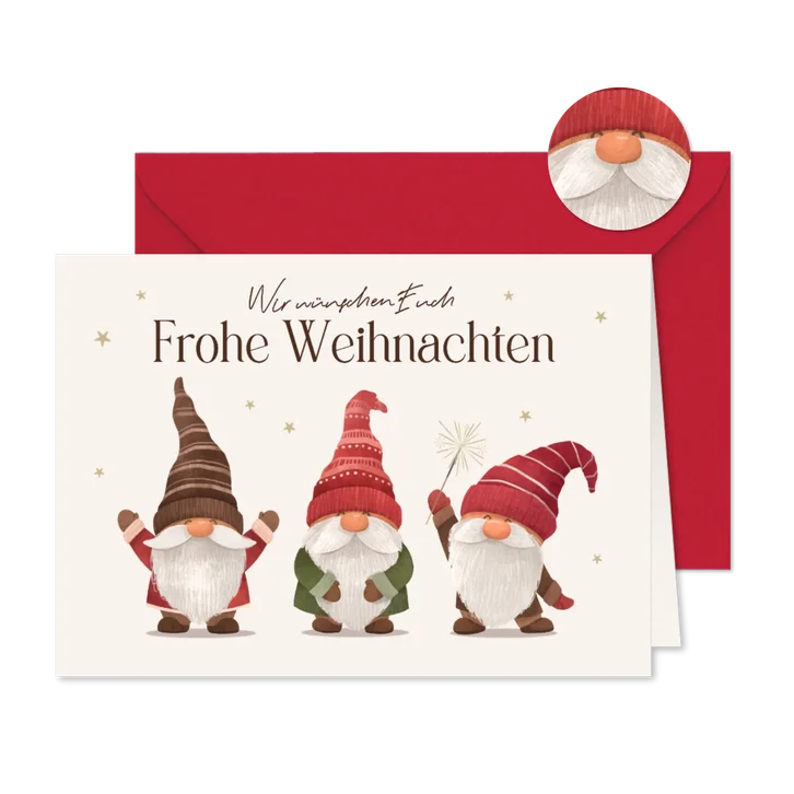 Weihnachtskarte Grüße 3 Wichtel mit Mütze