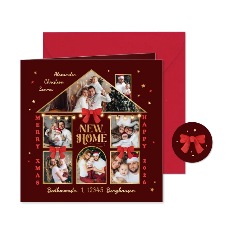Weihnachtskarte Haus mit Fotocollage Umzug zu Weihnachten