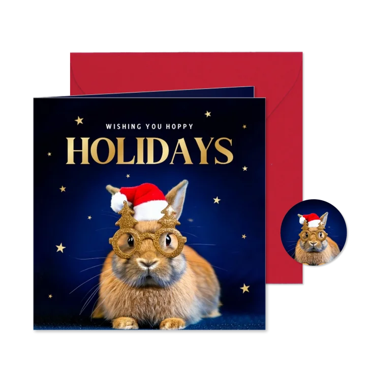 Weihnachtskarte 'Hoppy Holidays' Kaninchen mit Brille
