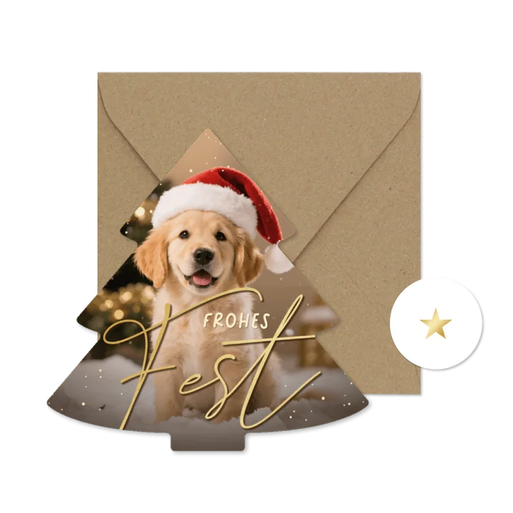 Weihnachtskarte Hund mit Mütze Weihnachtsbaum 