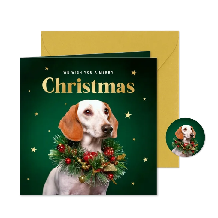 Weihnachtskarte Hund mit Weihnachtskranz 'Merry Christmas'