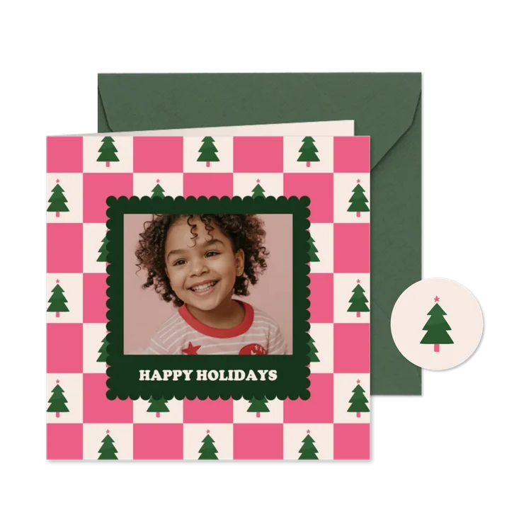 Weihnachtskarte Karomuster Weihnachtsbäume mit Foto