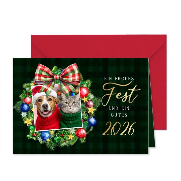 Weihnachtskarte Kranz mit Schleife kariert und Foto