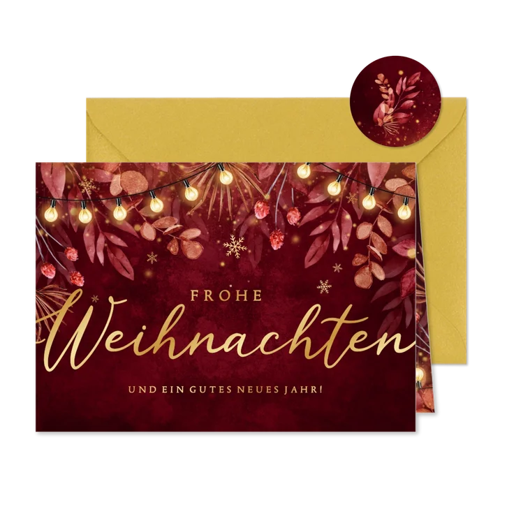 Weihnachtskarte Lichterkette & Zweige dunkelrot Aquarell