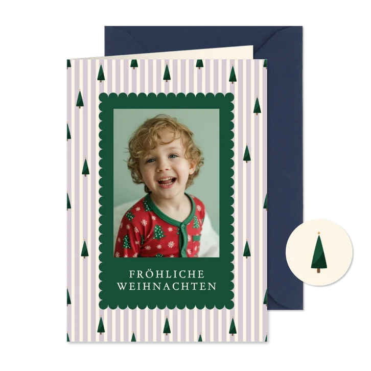 Weihnachtskarte lila gestreift Weihnachtsbäume mit Foto