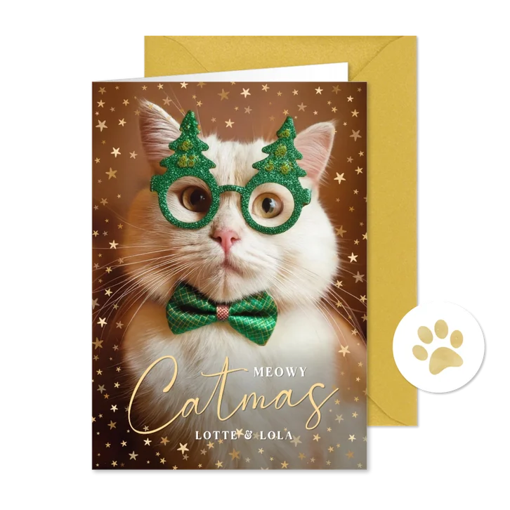 Weihnachtskarte lustige Katze mit Weihnachtsbrille