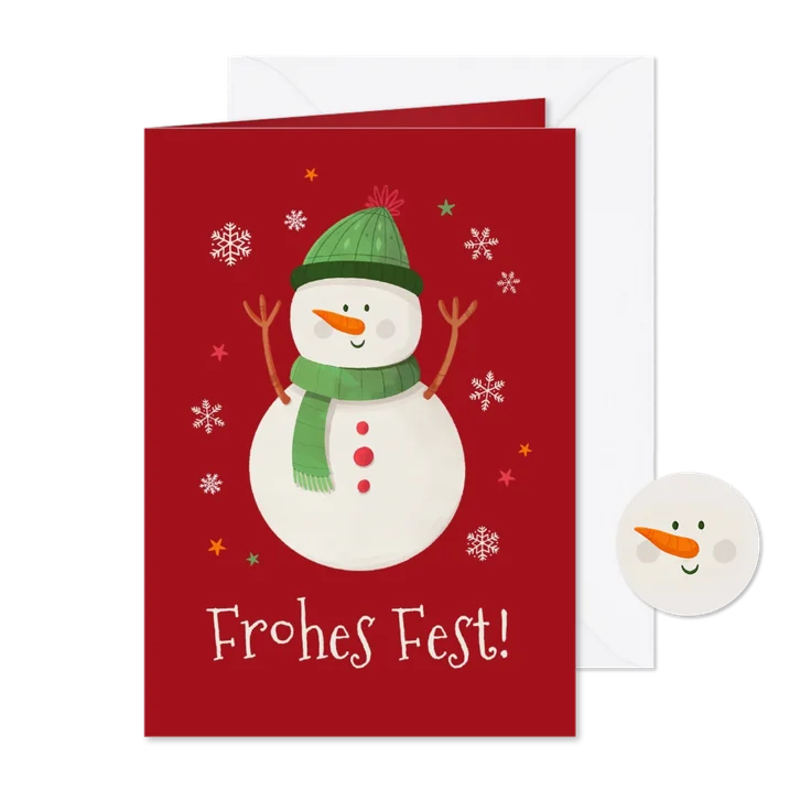 Weihnachtskarte lustiger Schneemann grüne Mütze