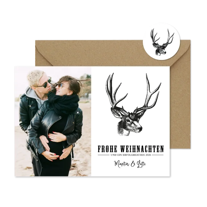 Weihnachtskarte Merry Christmas mit Foto und Hirschkopf