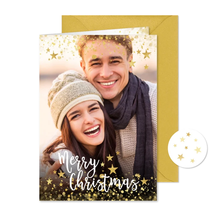 Weihnachtskarte mit eigenem Foto, Goldkonfetti und Sternen