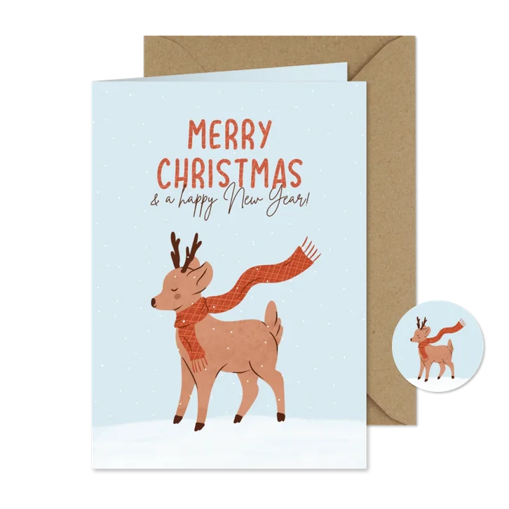 Weihnachtskarte Reh mit Schal im Schnee