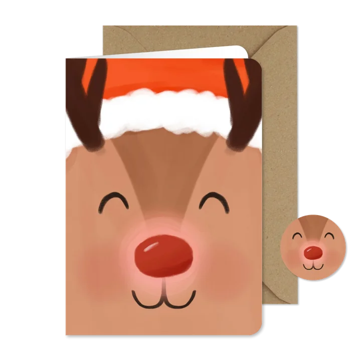 Weihnachtskarte Rentier Gesicht mit leuchtender Nase