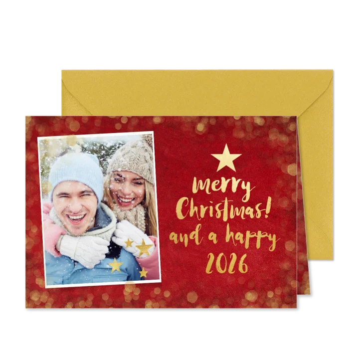Weihnachtskarte rot mit Foto und Goldschrift