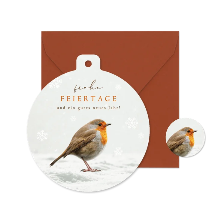 Weihnachtskarte Rotkehlchen Weihnachtskugelform Schnee