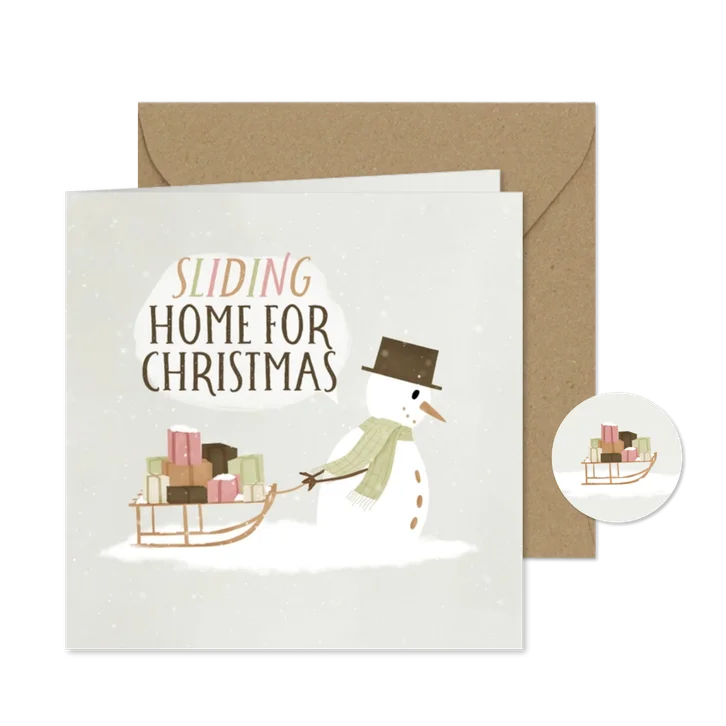 Weihnachtskarte Schneemann mit Schlitten & Geschenken