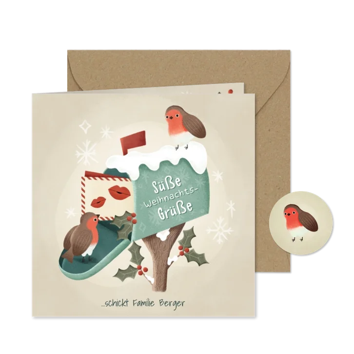Weihnachtskarte süße Vögelchen mit Briefkasten