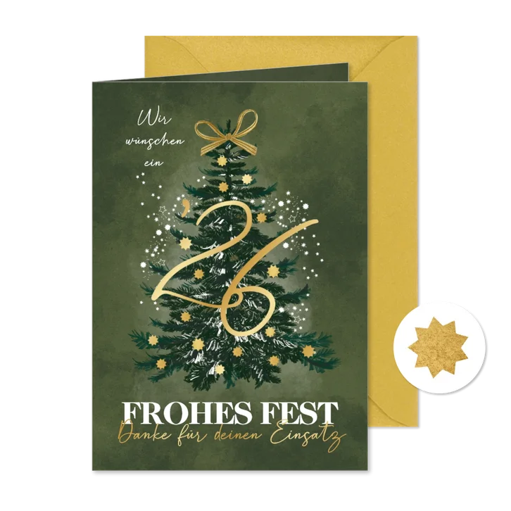 Weihnachtskarte Tannenbaum '26 und Sterne in Gold