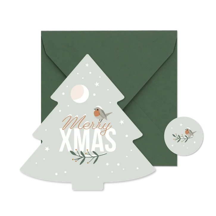 Weihnachtskarte Tannenbaum 'Merry XMAS' Rotkehlchen Winter