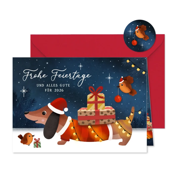 Weihnachtskarte Weihnachtsdackel Geschenke im Schnee