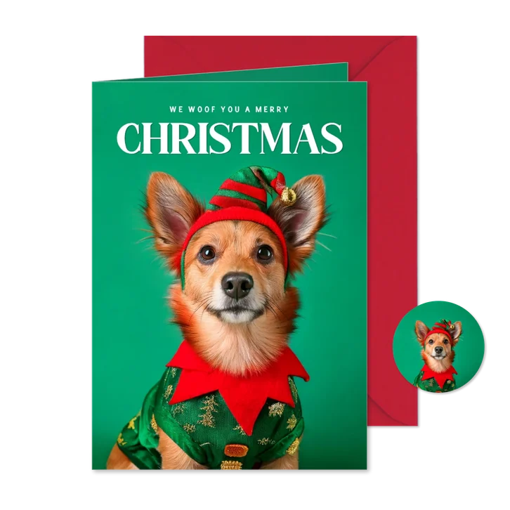 Weihnachtskarte Weihnachtself Hund mit Mütze